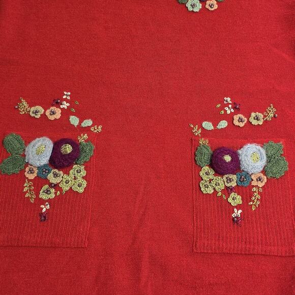 VTG Women Sz M Red Sweater 80s 90s Floral Beads Embroidered Wool Blend Crew Neck - Picture 5 of 11